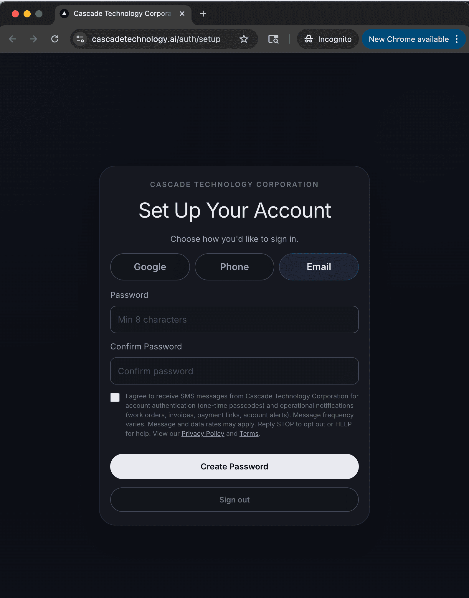 Account setup page showing the Email tab with SMS consent checkbox directly above the Create Password button